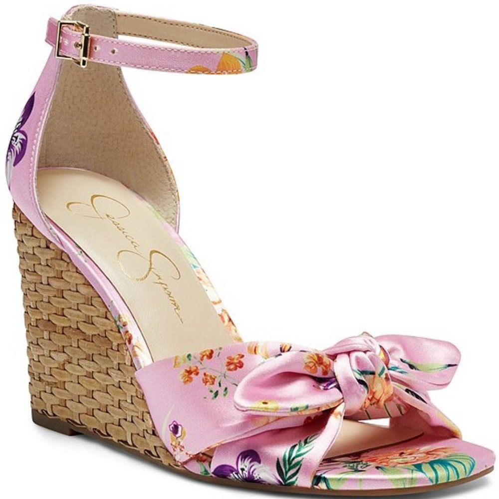 Jessica Simpson Floral Print Knotted Weave Wedges